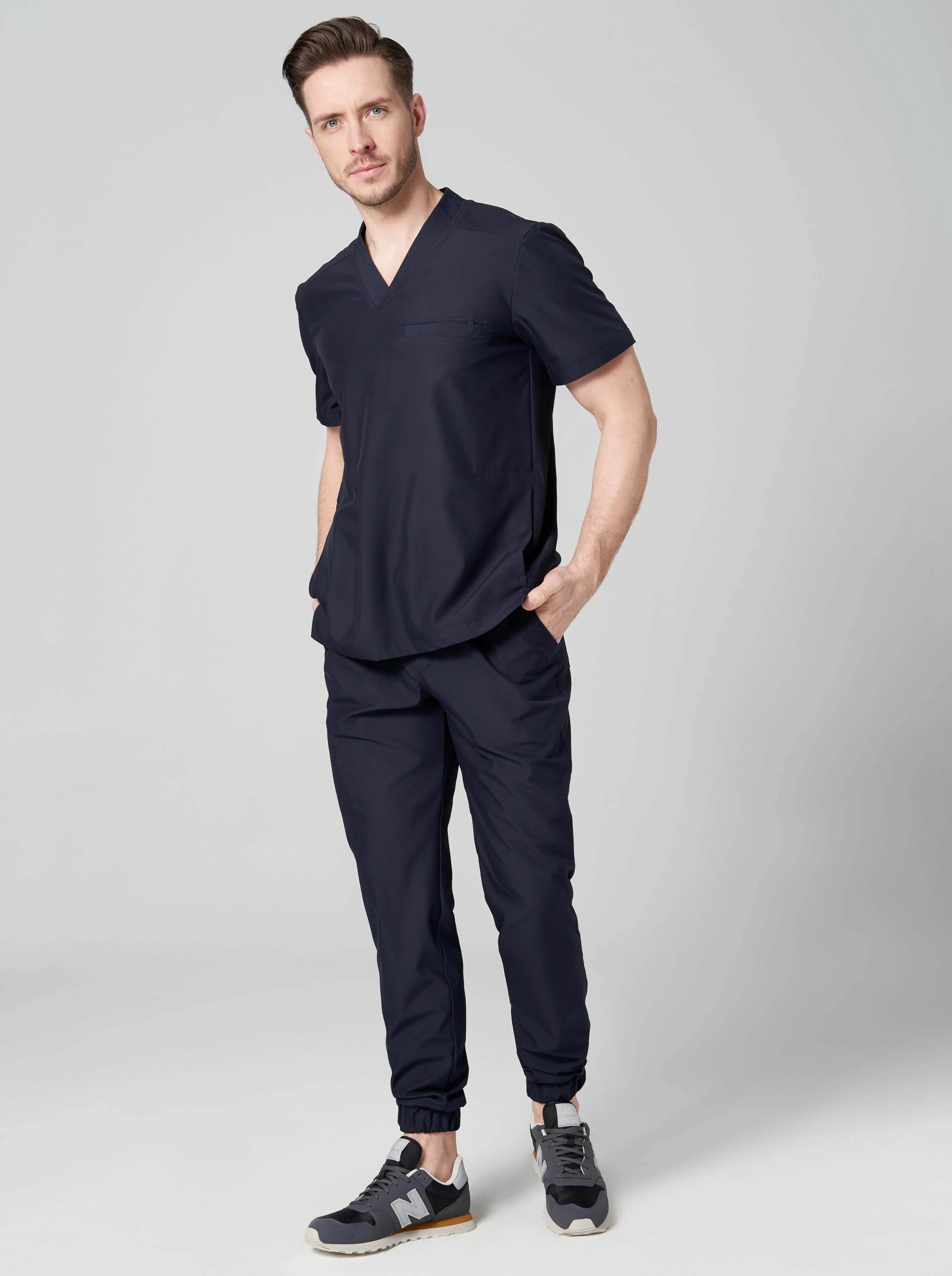 Spodnie medyczne męskie- joggery GENUS ciemny granat (ściągacz materiałowy) oraz bluza