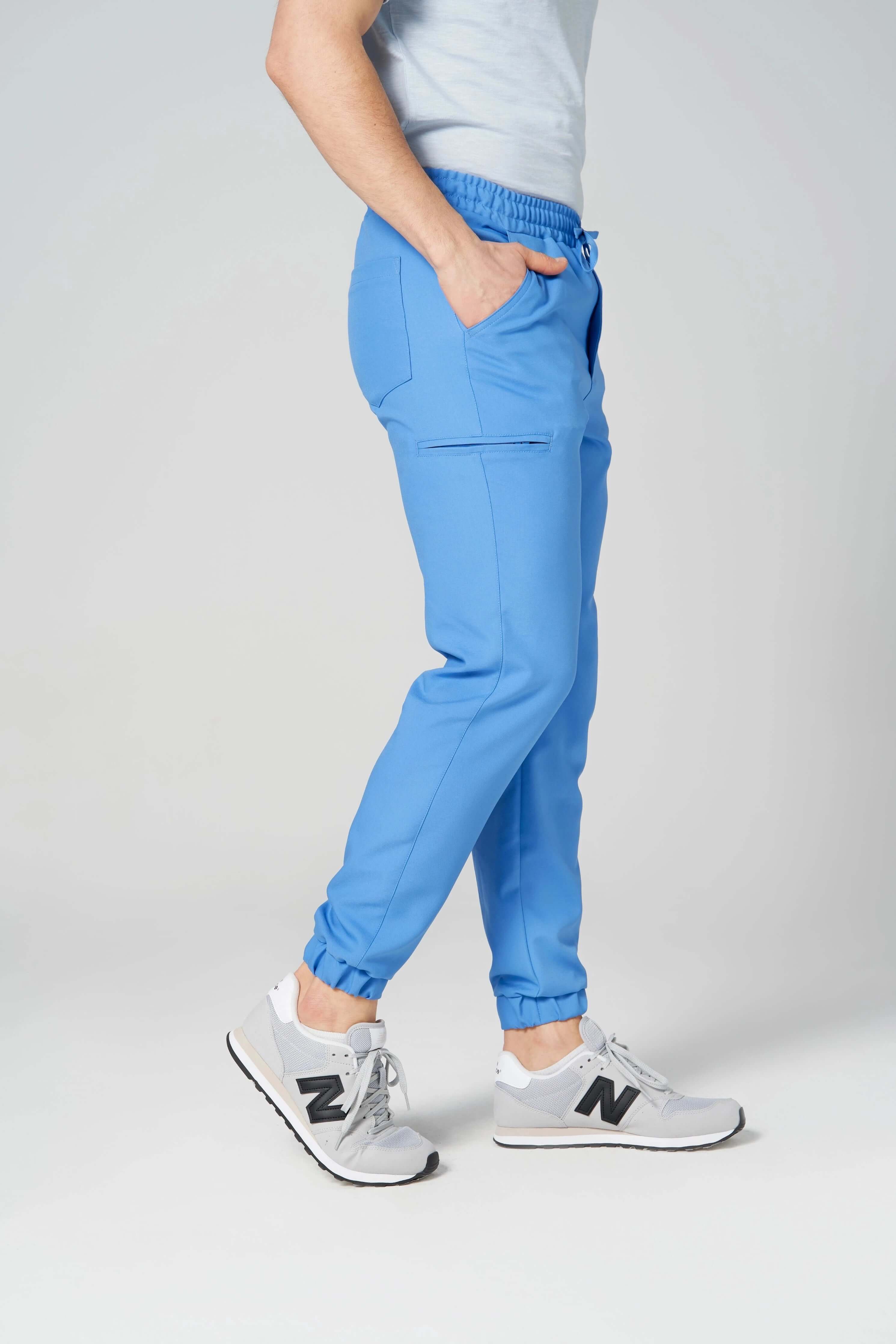 Spodnie medyczne męskie- joggery GENUS błękitne boczny widok