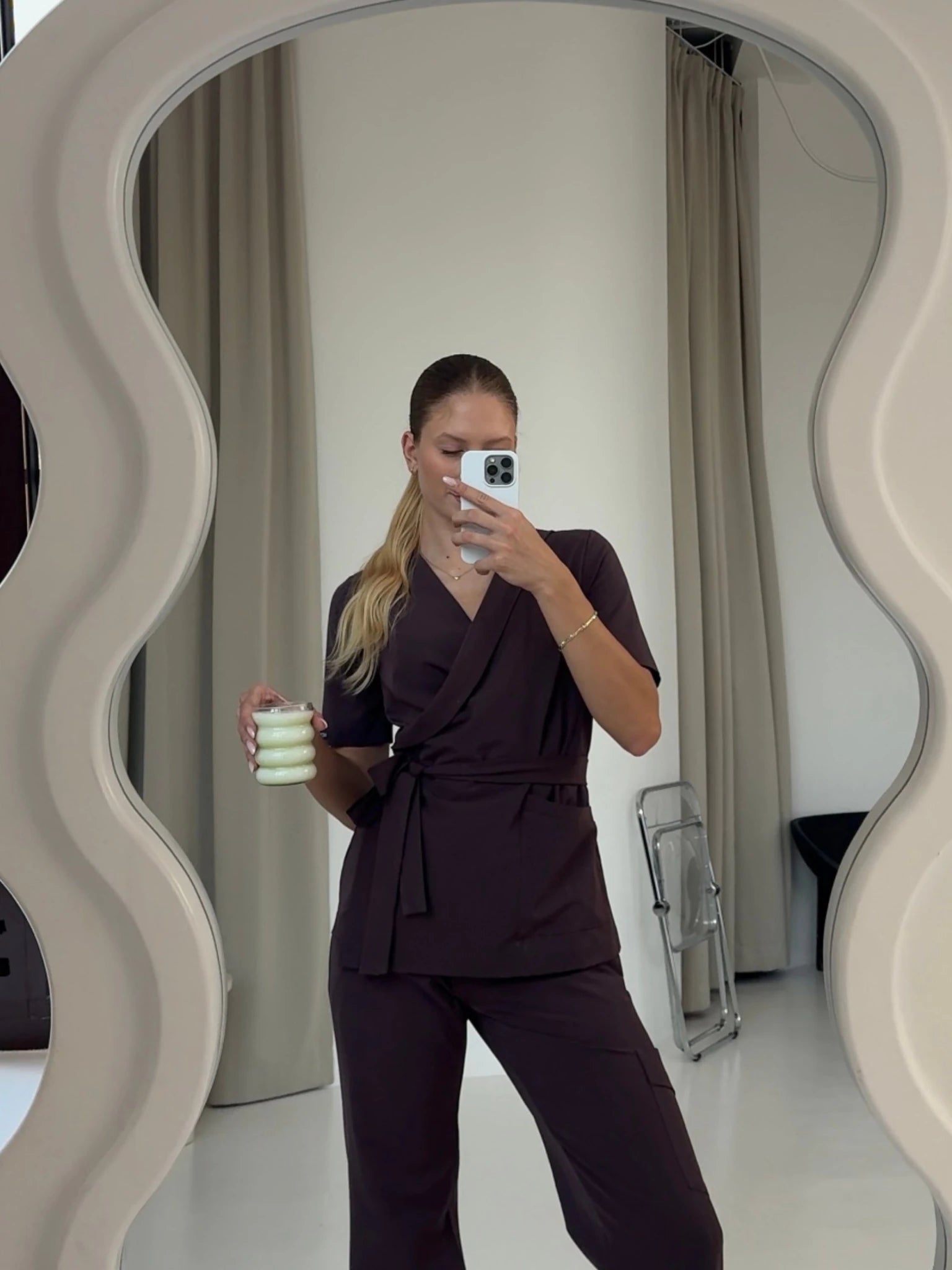 NAYA medical tunic espresso view in the mirror
